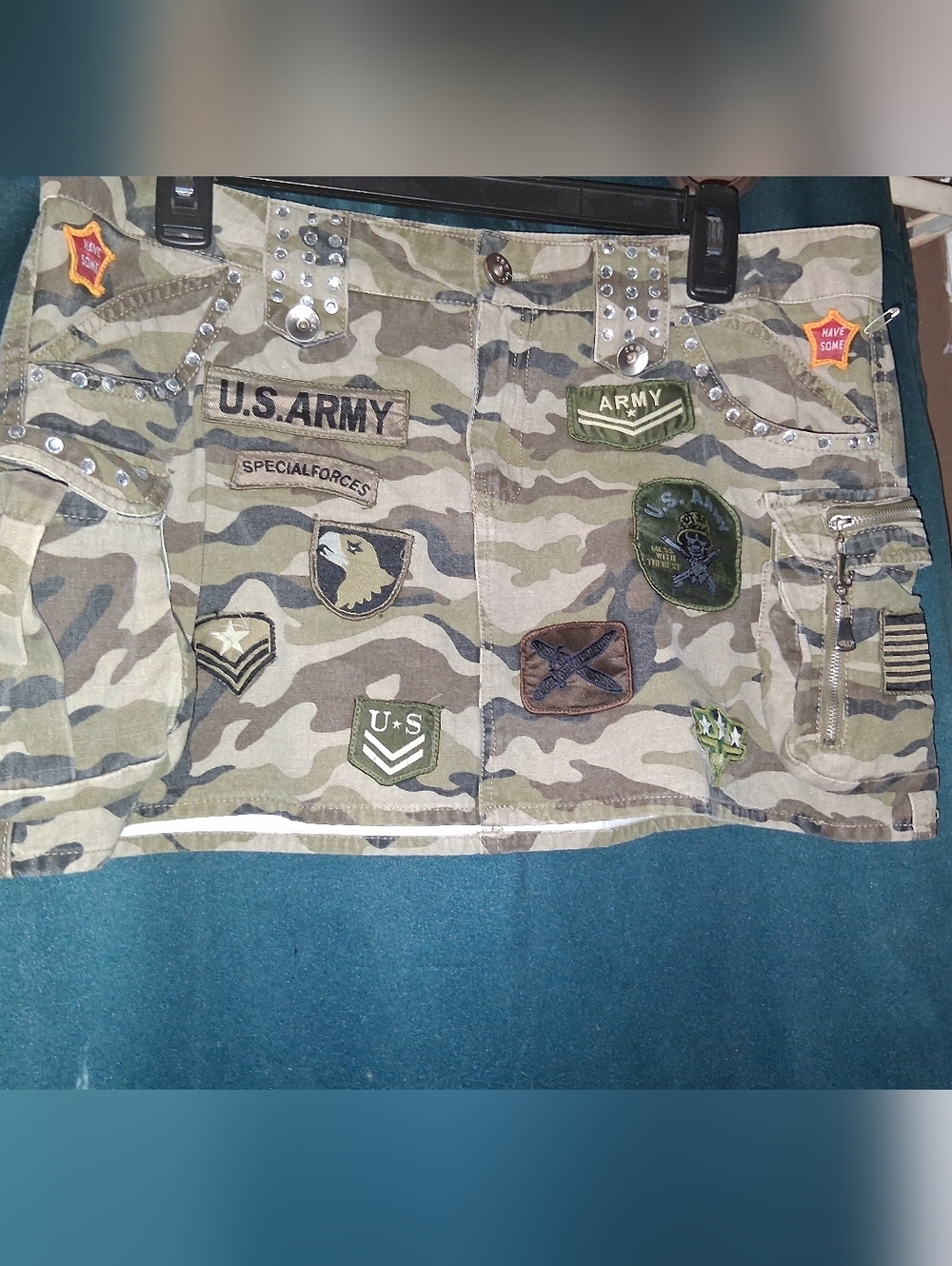 Camo Patchwork Mini Skirt with Stud Accents